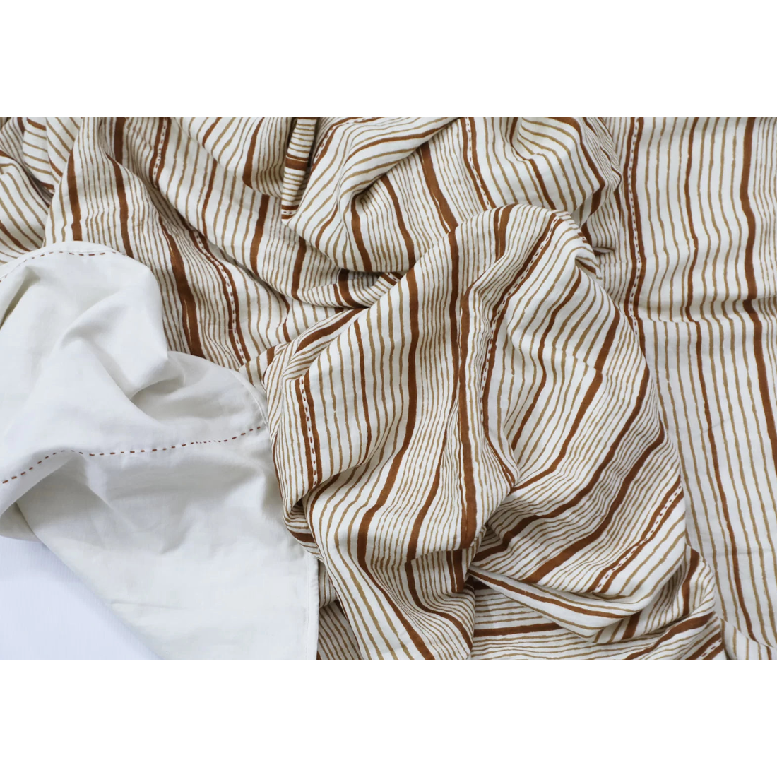 Brown Striped Linen Throw — Three-Layer Kantha Embroidery, Handcrafted