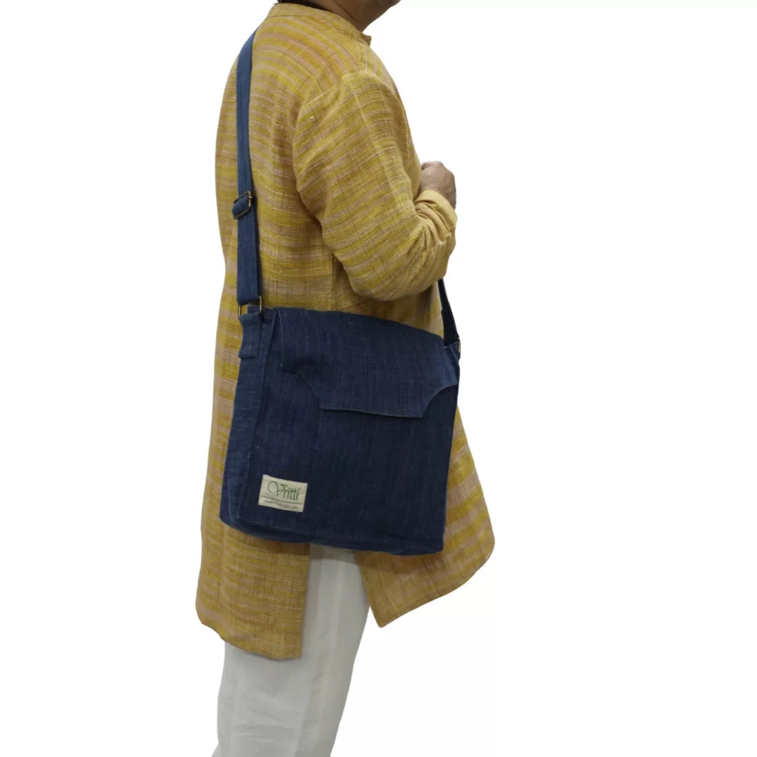 Handloom Denim Crossbody Bag — Natural Indigo Dyed | Brass Snap, Adjustable Strap