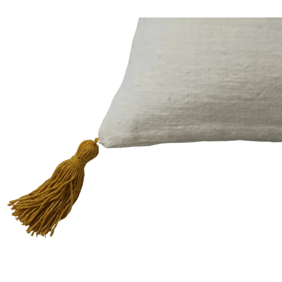 White handwoven cotton cushion cover with recycled cotton tassels. Choose your tassel colour. Available in 16x16 and 18x18 inches. Sustainable and handmade.