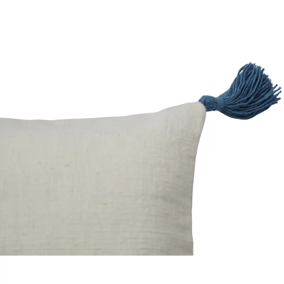 Handwoven white cotton cushion cover with multicolour recycled cotton tassels at four corners. Available in 16x16 and 18x18 inches. Sustainable and handmade.