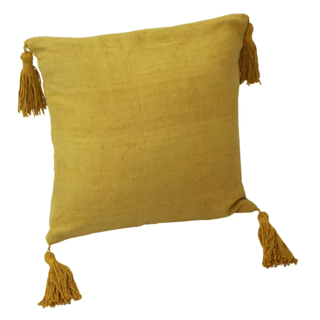 Handwoven yellow silk cushion cover naturally dyed with marigold flowers. Recycled cotton tassels at four corners. 16x16 inches. Sustainable luxury.