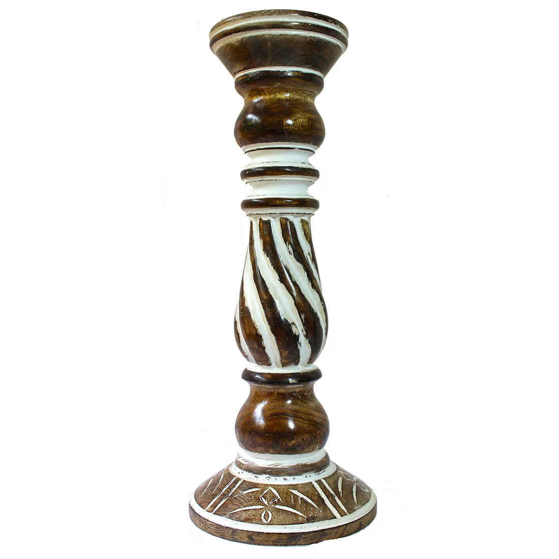 Buy handcrafted turned wooden candle holder with diagonal stripe and diamond white inlay. Classical silhouette. Made by Indian artisans. Elegant home decor.