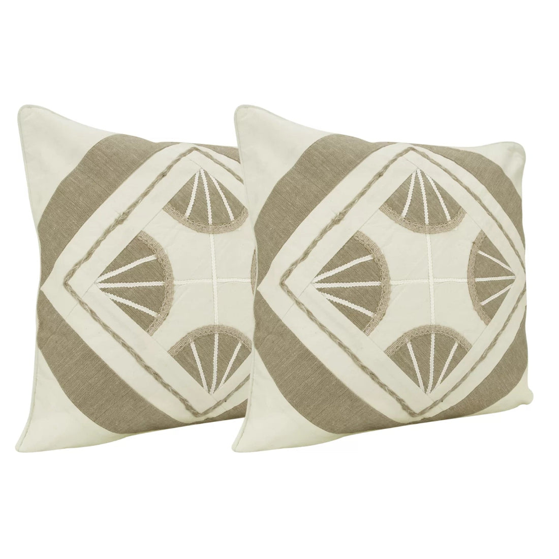 Patchwork cotton and jute cushion cover set of 2 in natural ecru white. Zipper closure. 16x16 inches. Sustainable and handmade. Inserts not included.