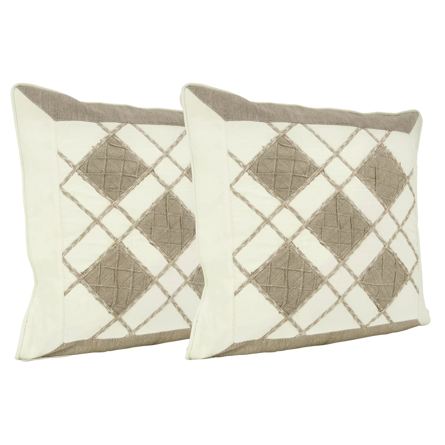 Jute cotton cushion cover set of 2 in natural ecru white and natural jute. Zipper closure. 16x16 inches. Sustainable and handmade. Inserts not included.