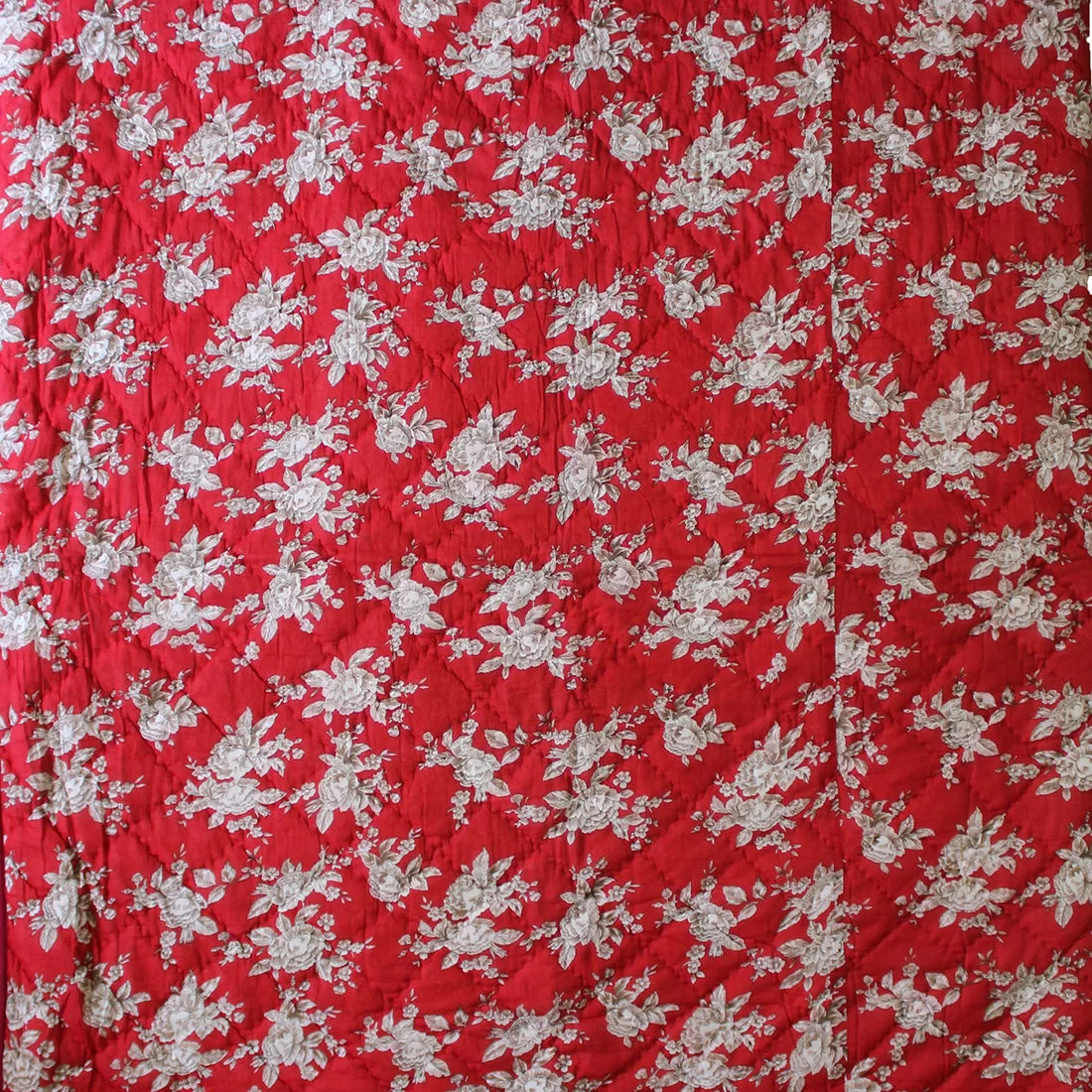 Red & White Floral Kantha Quilt – Handcrafted in India | 96" x 98"