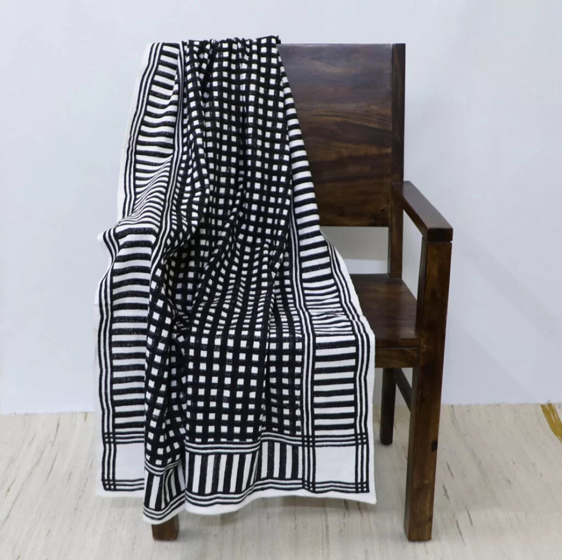 Handloom Cotton Throw Blanket — Block Print Geometric, Black & White