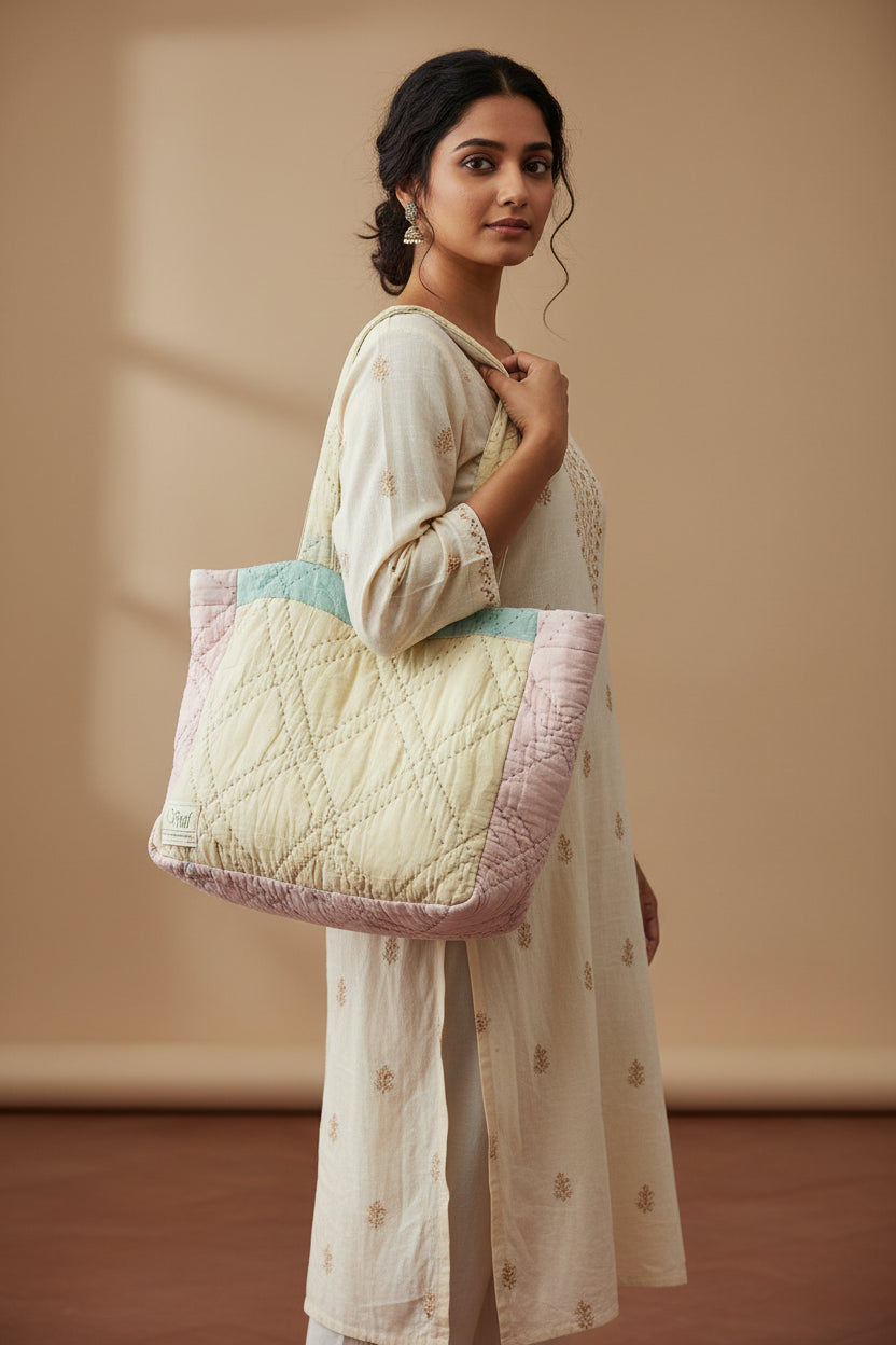 Kantha Quilted Bag — Beige & Pink, Hand Quilted Cotton | Women Artisans