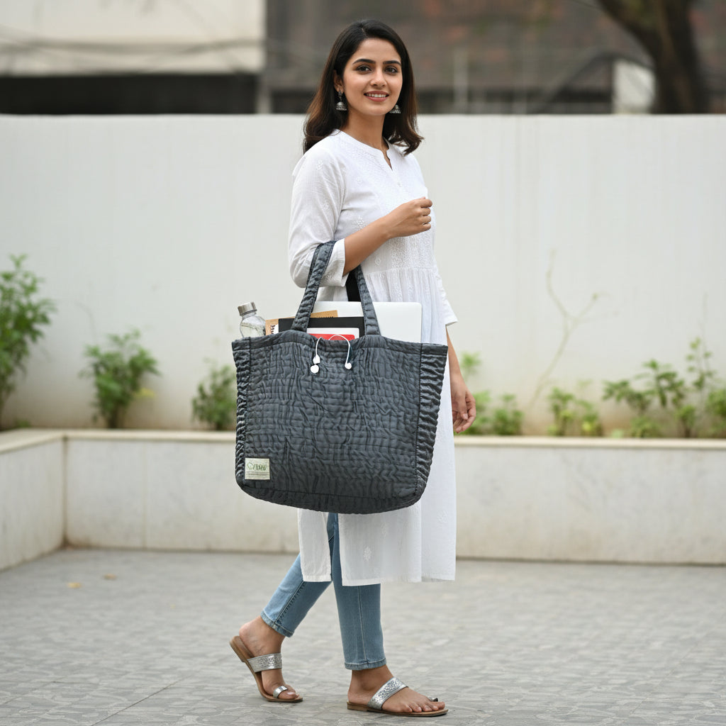 Kantha Quilted Shoulder Bag — Charcoal Silk Satin | Women Artisans