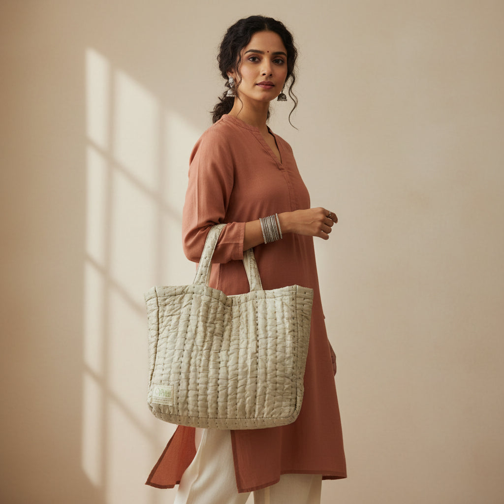 Kantha Quilted Shoulder Bag — Sage Green 2-Tone Silk | Women Artisans