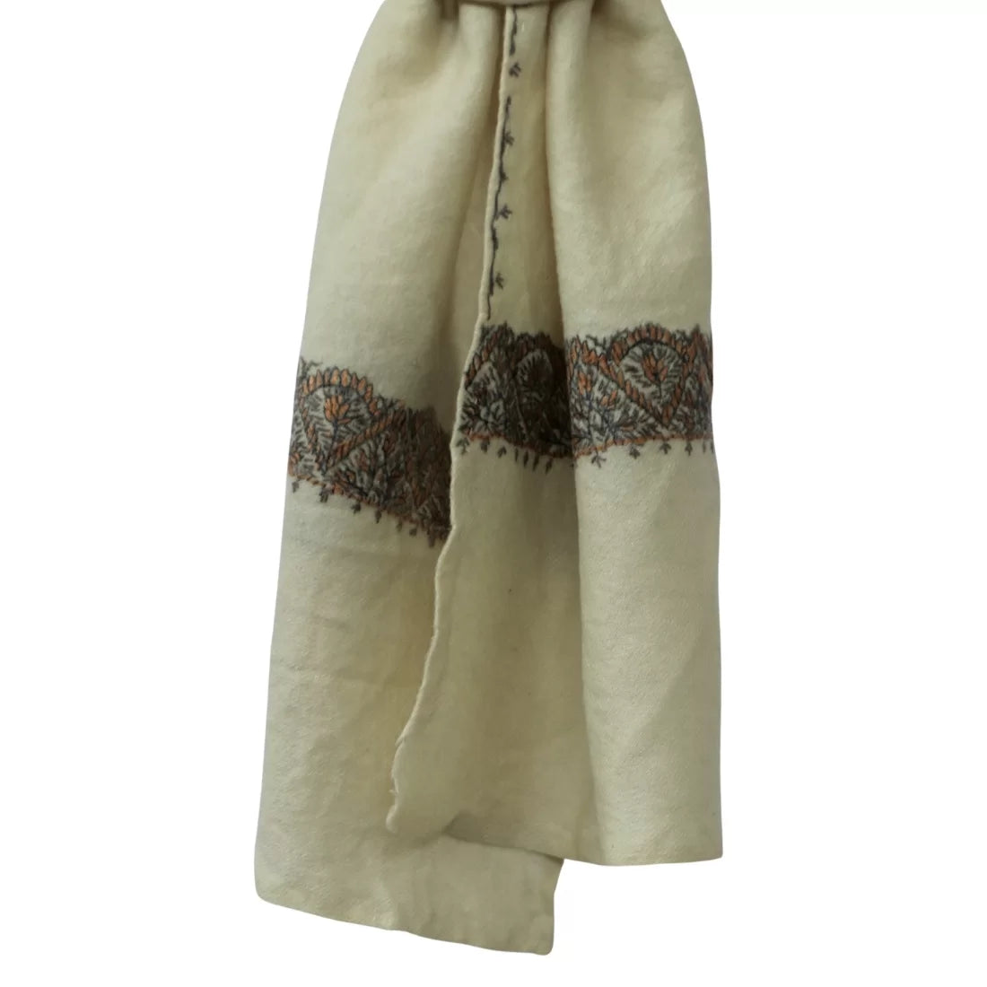 Vintage Kashmiri Wool Neck Scarf — Hand Embroidered Borders, India (50+ Years Old)