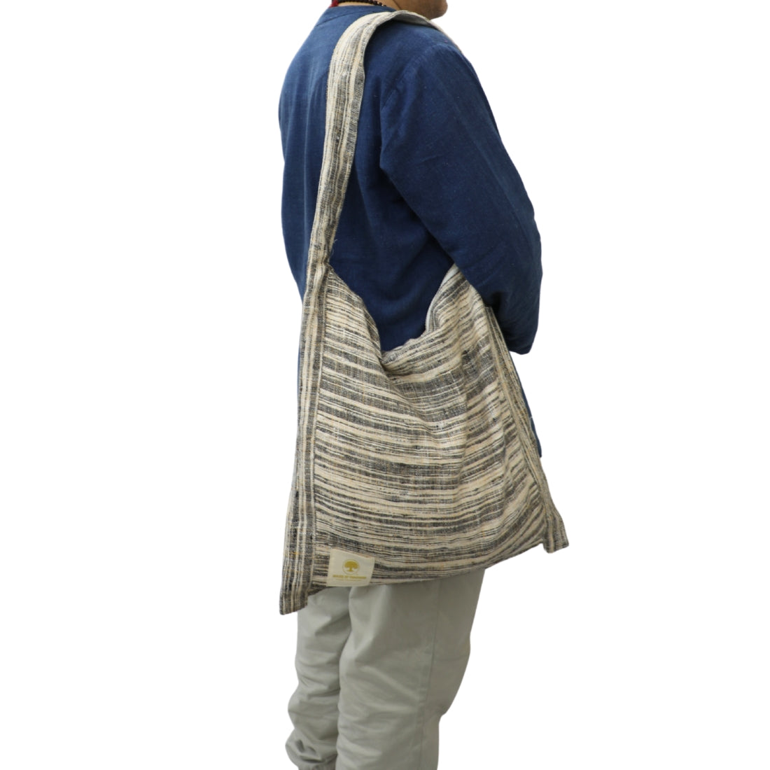 Woven Cotton Jhola Bag – Dark Grey Handloom Stripe