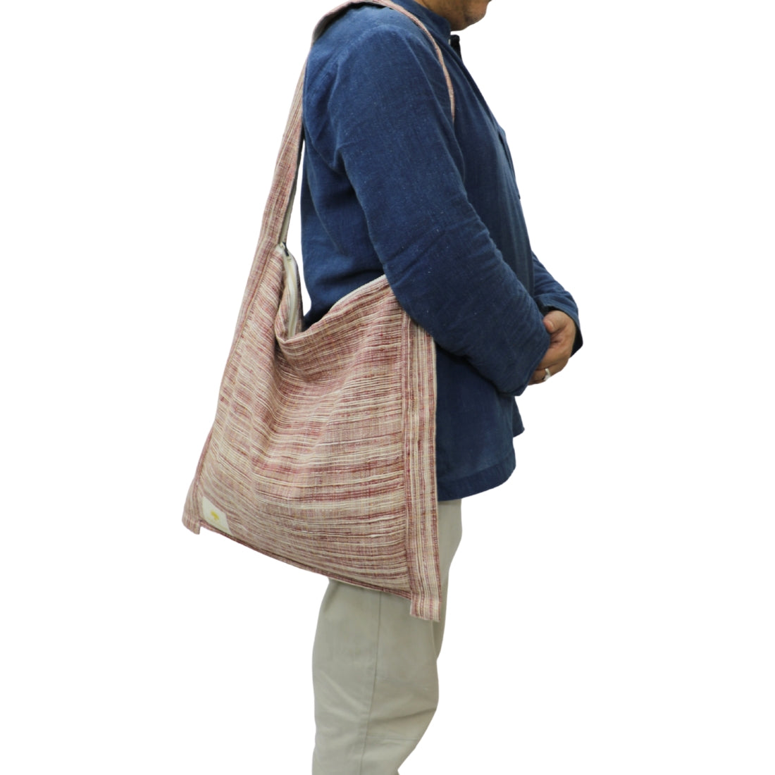 Handwoven Cotton Jhola Tote – Wine & White Stripe