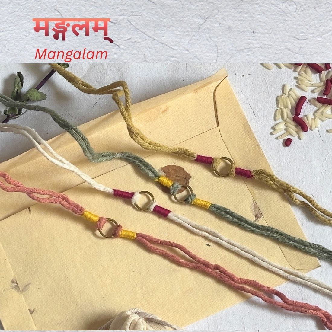 Traditional Handmade Rakhi handcrafted with naturally dyed organic cotton threads and brass ring motif. Includes cotton potli, Tilak, Akshat and handmade recycled cotton rag envelope.