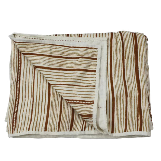 Brown Striped Linen Throw — Three-Layer Kantha Embroidery, Handcrafted