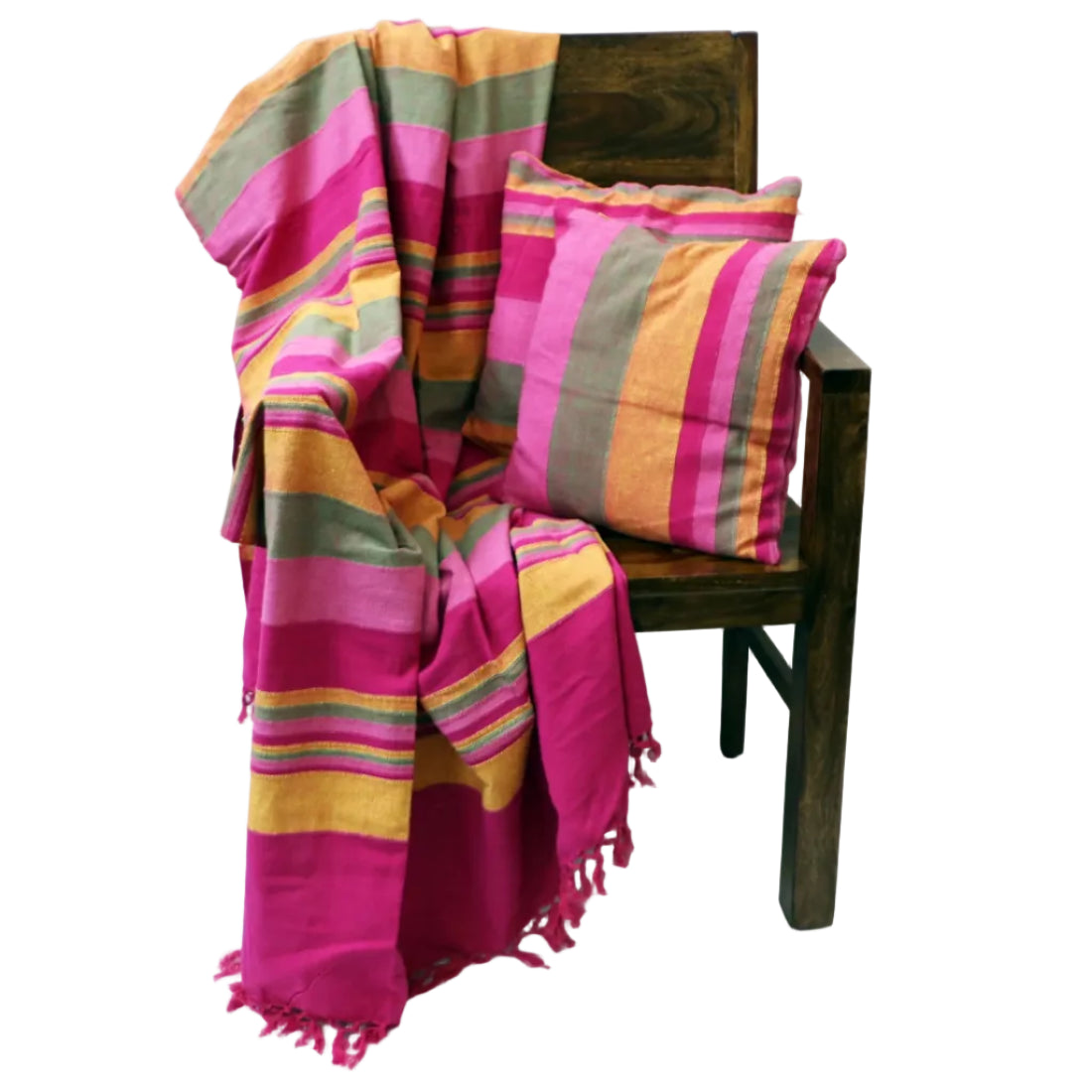 Soft, cheerful, and full of handcrafted warmth, this Pink and Yellow Handloom Sofa Throw is woven on a traditional handloom using 100% hand-spun cotton yarn. Its playful multi-toned pink and yellow palette brings an instant lift of colour and joy to any living space — and it comes complete with a pair of matching cushion covers for an effortlessly coordinated look. Fabric: 100% Handwoven Cotton (hand-spun yarn) Throw Size: 60 x 90 inches (152 x 229 cm) Cushion Cover Size: 16 x 16 inches (40 x 40 cm) 