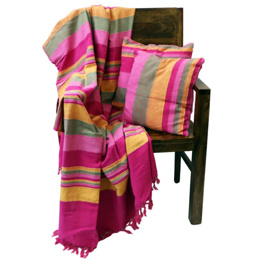 Soft, cheerful, and full of handcrafted warmth, this Pink and Yellow Handloom Sofa Throw is woven on a traditional handloom using 100% hand-spun cotton yarn. Its playful multi-toned pink and yellow palette brings an instant lift of colour and joy to any living space — and it comes complete with a pair of matching cushion covers for an effortlessly coordinated look. Fabric: 100% Handwoven Cotton (hand-spun yarn) Throw Size: 60 x 90 inches (152 x 229 cm) Cushion Cover Size: 16 x 16 inches (40 x 40 cm) 