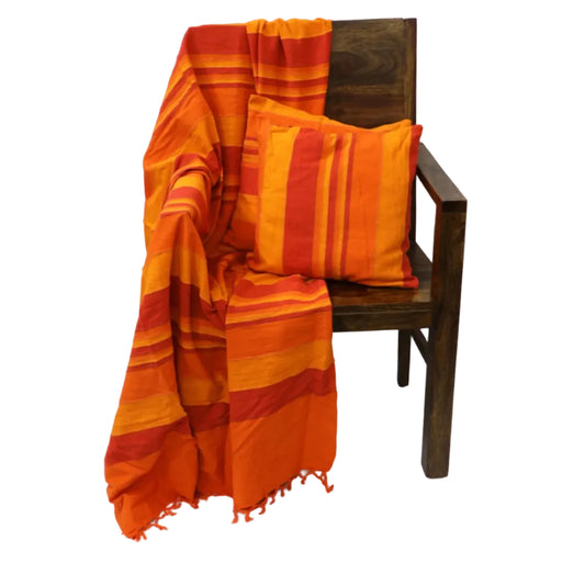 Orange Handloom Sofa Throw — With Matching Cushion Covers, Artisan Handwoven