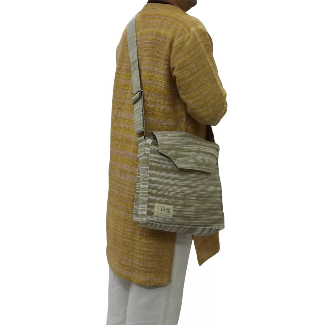 Handloom Cotton Crossbody Bag — Army Brown | Brass Snap, Adjustable Strap