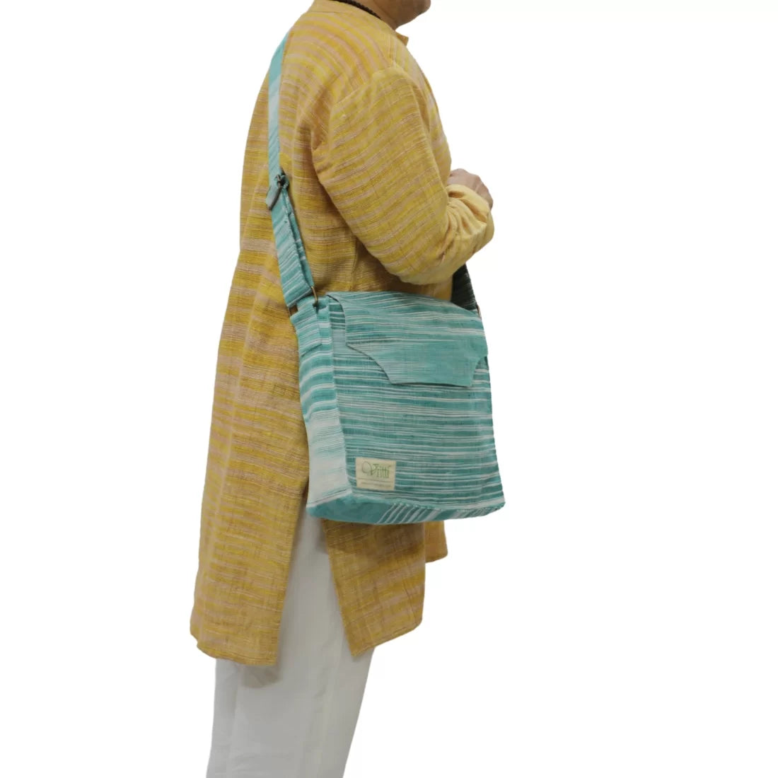 Handloom Cotton Crossbody Bag — Green | Brass Snap, Adjustable Strap