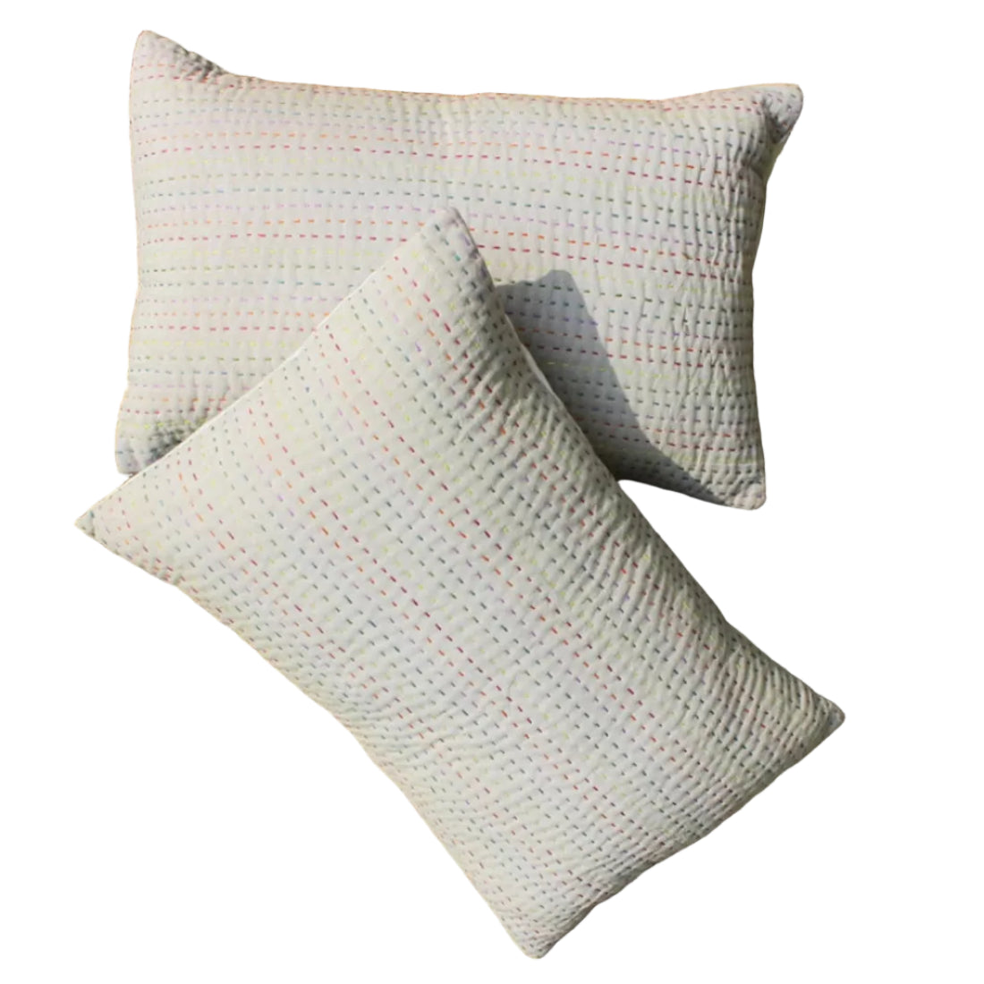 Kantha Pillow Cover Pair — Beige & Off-White, Multicolour Kantha Work | 13x20