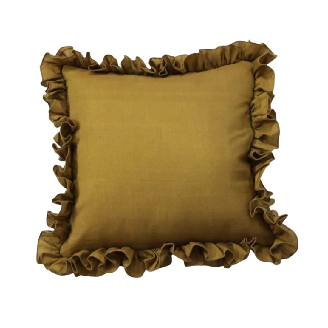 Buy handwoven Banana Cotton gold cushion cover with ruffle edge. Sustainable, eco-friendly, available in 16x16 and 18x18 inches. Cushion insert not included.