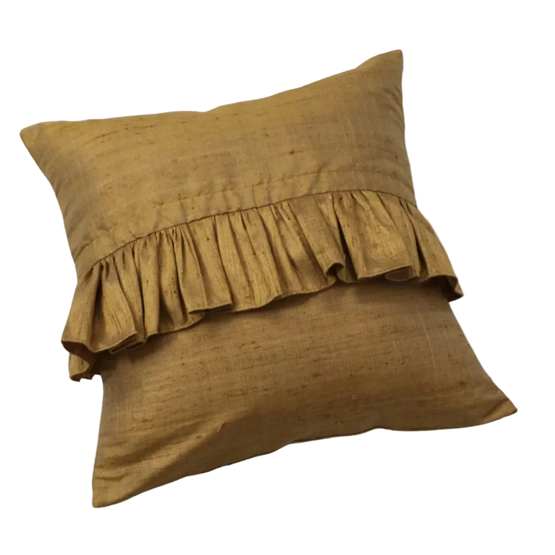 Luxurious handwoven gold silk cushion cover with ruffle front. Available in 16x16 and 18x18 inches. Dry clean only. Cushion insert not included.
