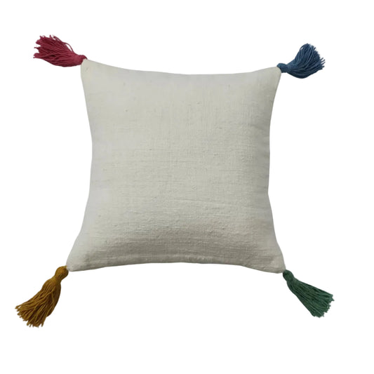 White Cotton Cushion Cover | Recycled Cotton Tassels | House of Swadeshi