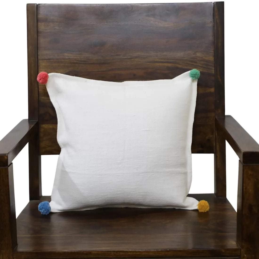 White Handwoven Cotton Cushion Cover — Multicolour Pom Pom Corners, Recycled Cotton