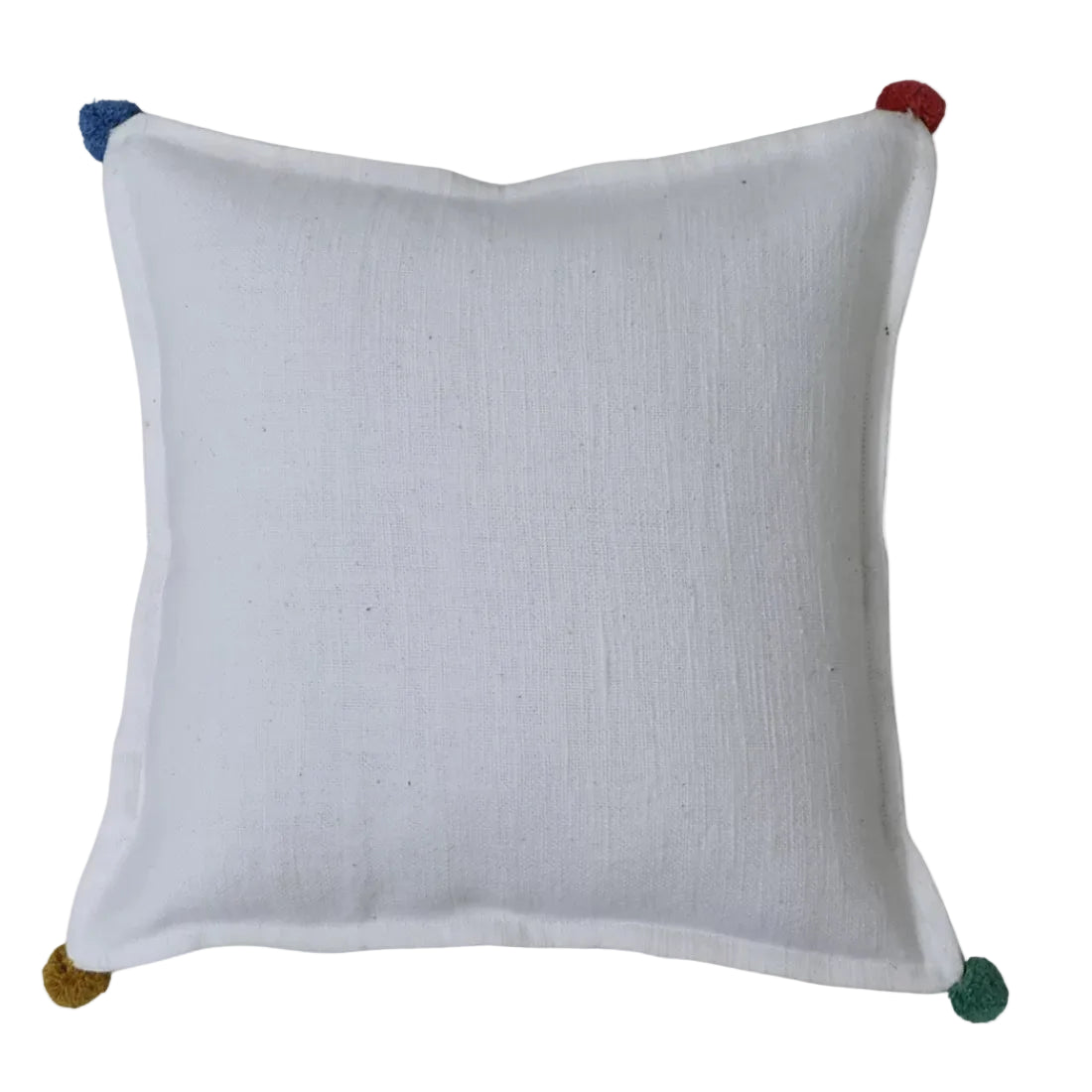 White handwoven cotton cushion cover with multicolour recycled cotton pom pom corners. Available in 16x16 and 18x18 inches. Sustainable and handmade.