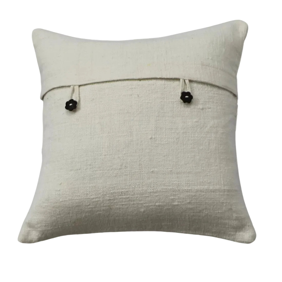 White handwoven cotton cushion cover with handmade coconut shell button closure. Available in 16x16 and 18x18 inches. Sustainable and artisanal.