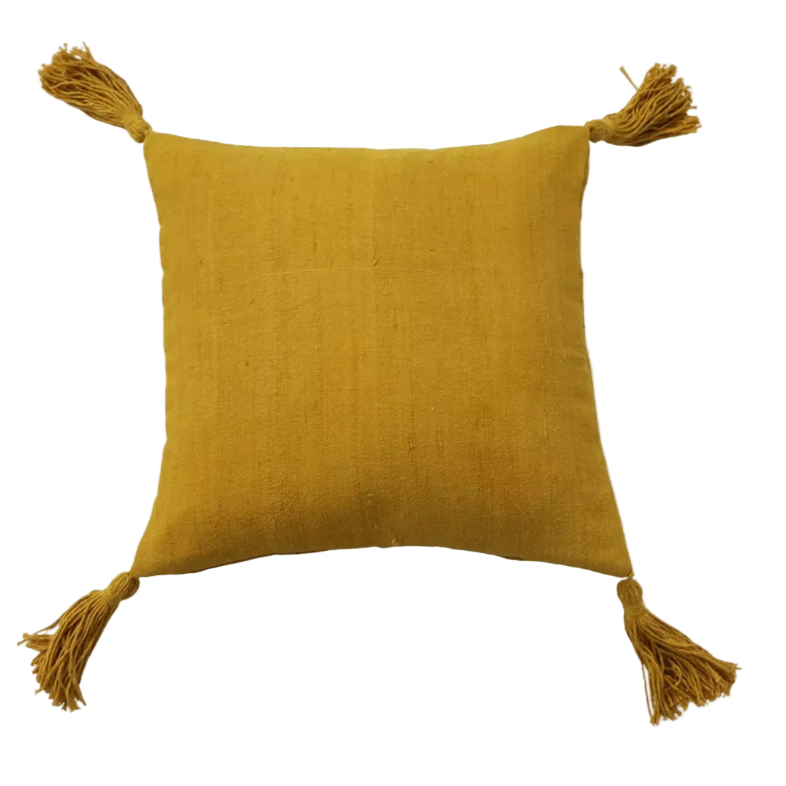 Handwoven yellow silk cushion cover naturally dyed with marigold flowers. Recycled cotton tassels at four corners. 16x16 inches. Sustainable luxury.