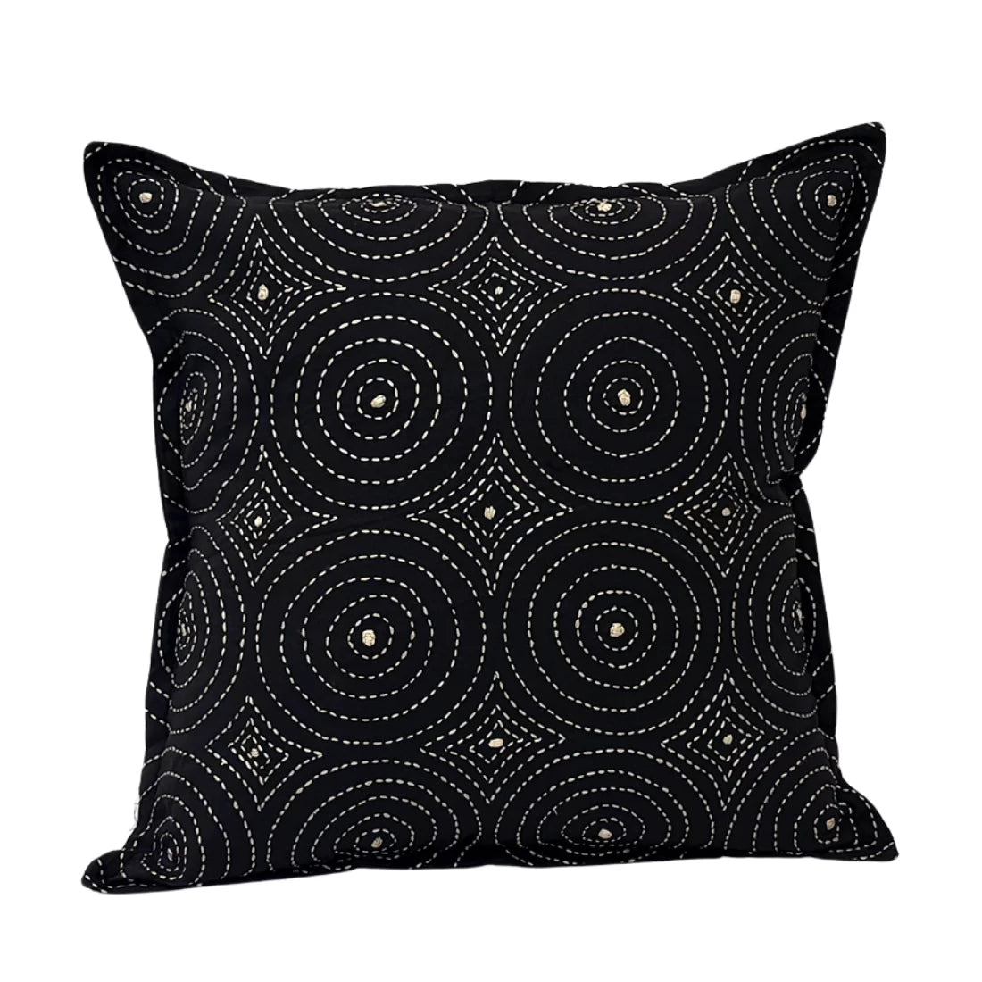 Handcrafted Kantha embroidered cushion cover in black and sand geometric design. Natural-dyed organic cotton. 16x16 inches. Cushion insert not included.