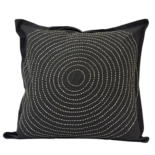 Black Kantha Embroidered Cushion Cover | Sand Geometric | House of Swadeshi
