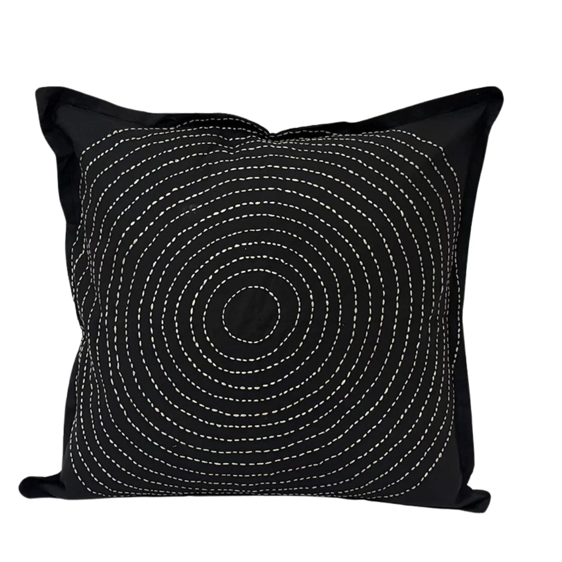 Handcrafted black Kantha embroidered cushion cover with sand geometric design. Natural-dyed organic cotton. 16x16 inches. Cushion insert not included.