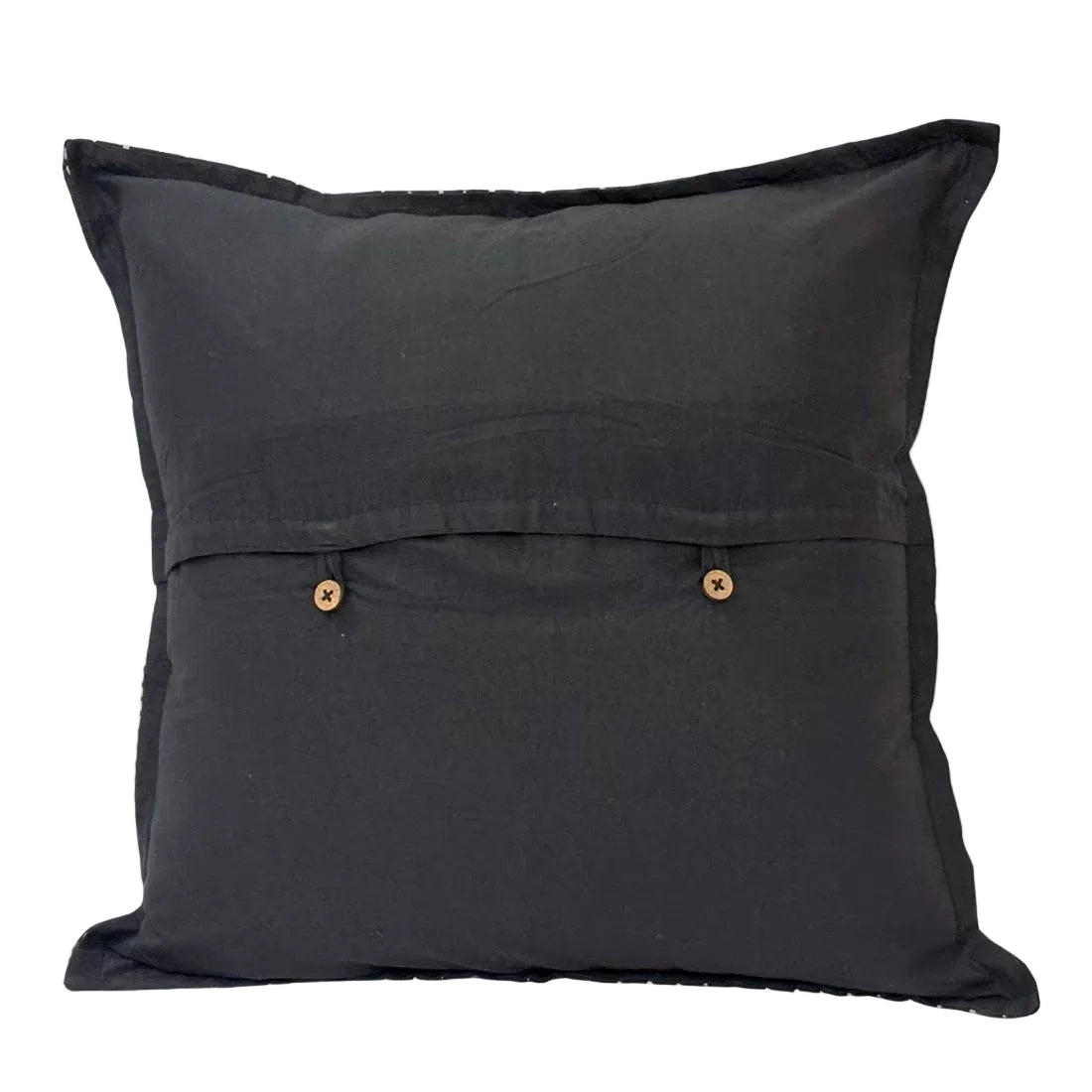 Black Kantha Work Cushion Cover — Sand Geometric Embroidery, Organic Cotton | 16x16