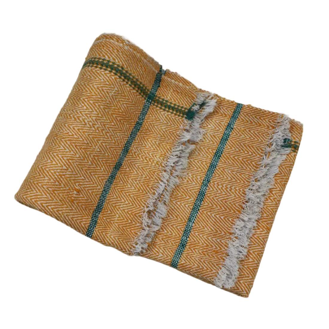 Handloom Cotton Throw — Herringbone Weave, Mustard Yellow & White