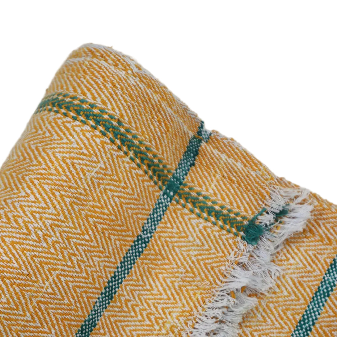 Handloom Cotton Throw — Herringbone Weave, Mustard Yellow & White