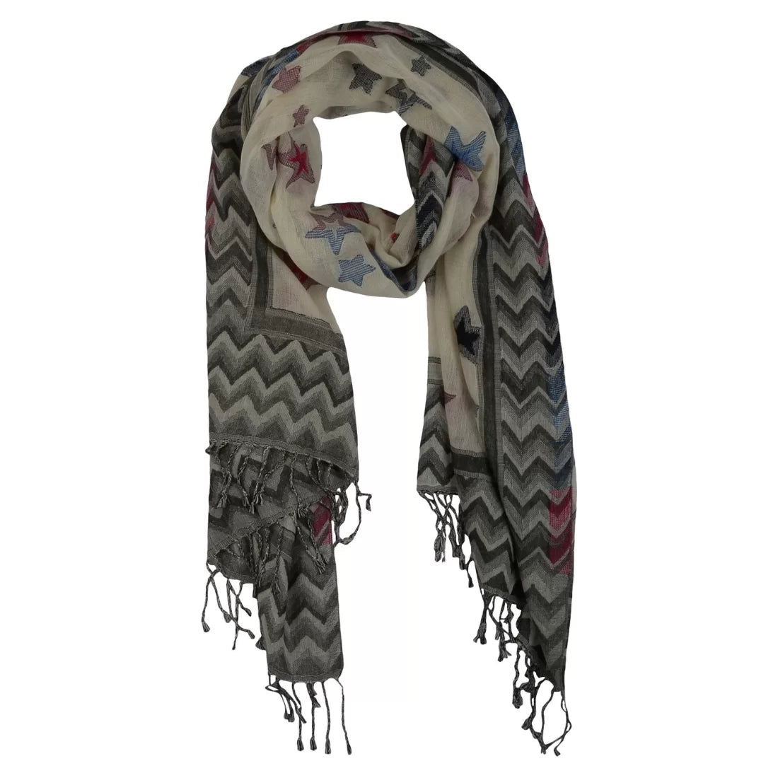 Multicolour Cotton Scarf for Women | Star Design with Geometric Border | Handloom Woven Wrap & Gift