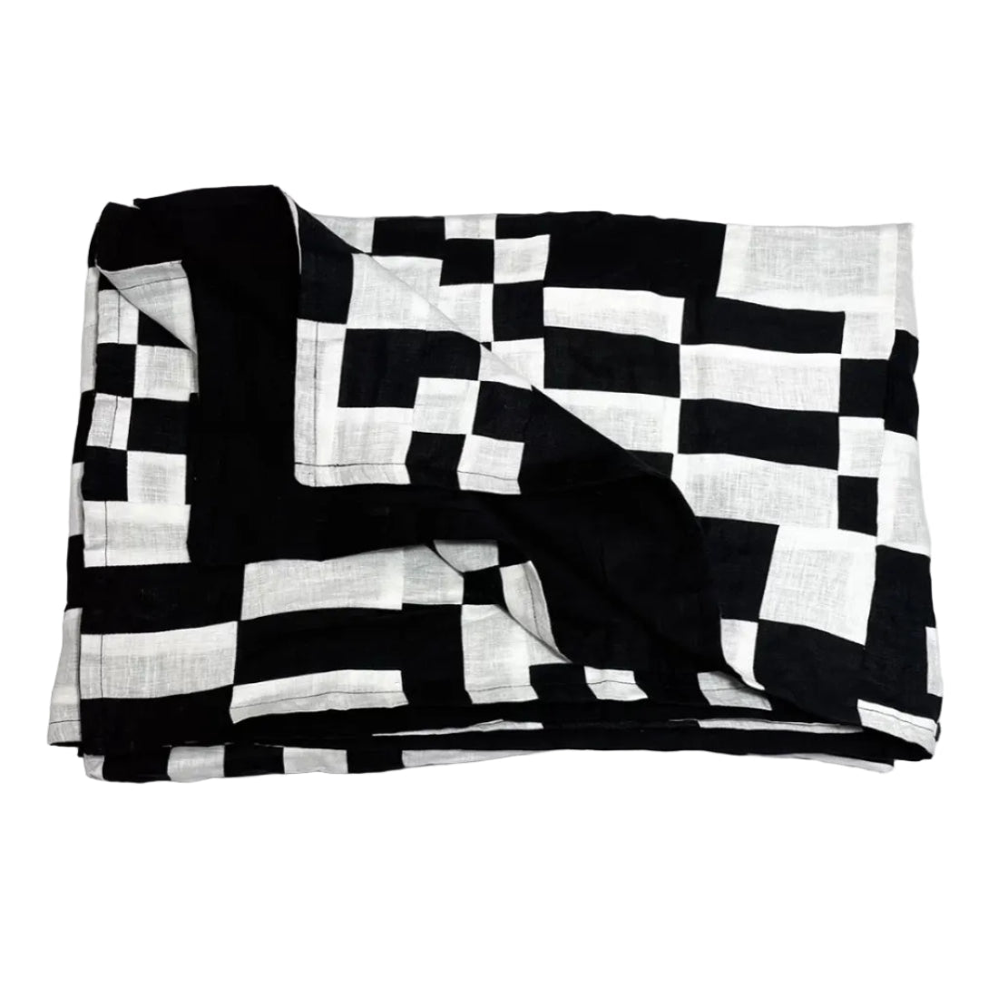 Black & White Geometric Patchwork Throw — Upcycled Linen, Triple Layer