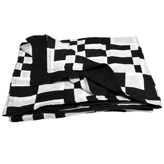 Black & White Geometric Patchwork Throw — Upcycled Linen, Triple Layer