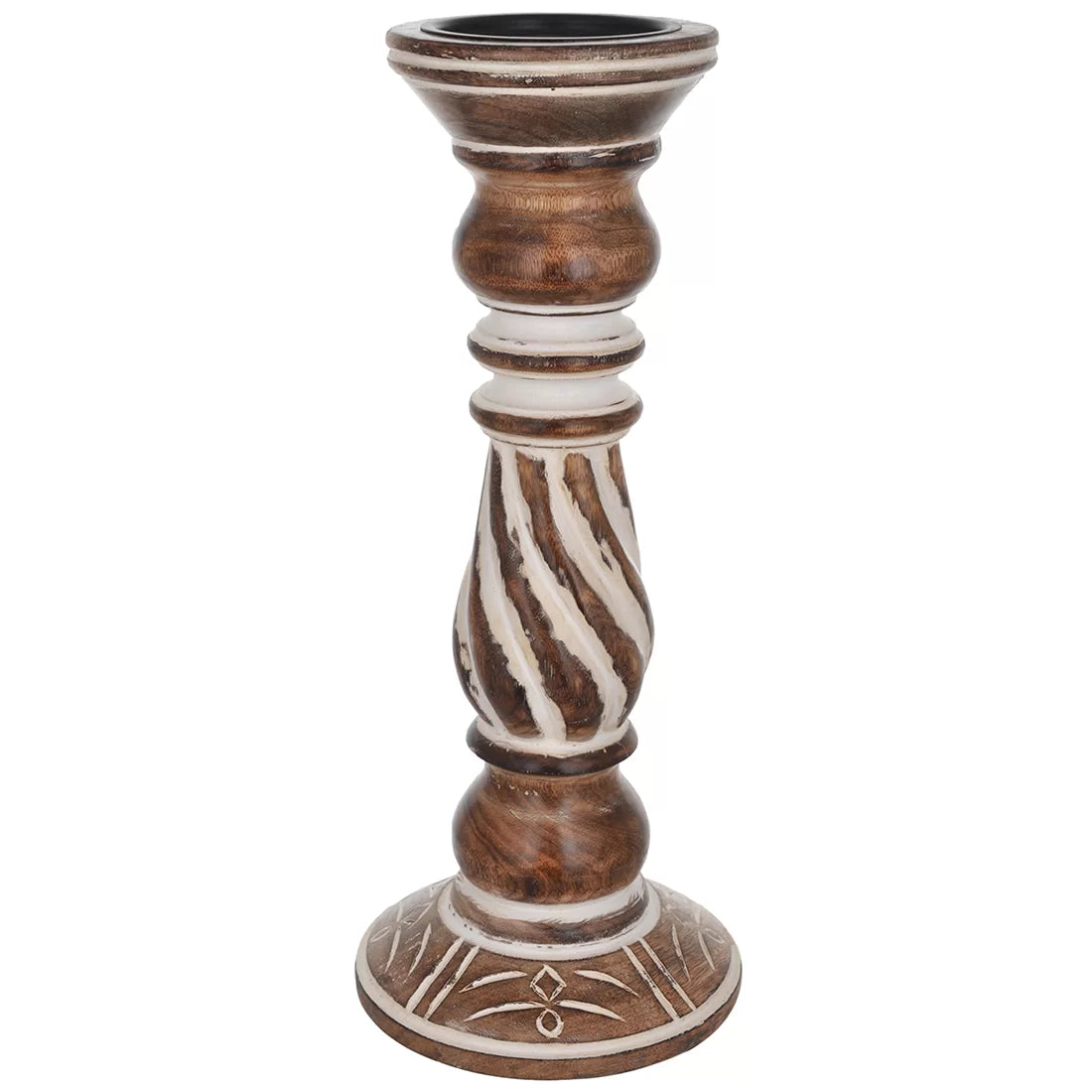 Turned wooden candle holder diagonal stripe diamond white inlay natural wood handcrafted India