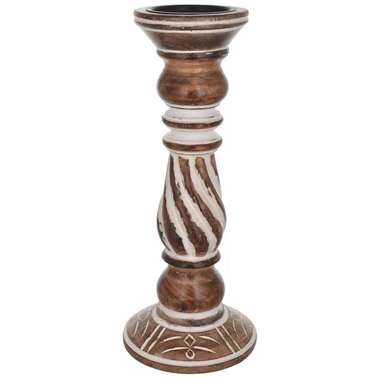 Turned wooden candle holder diagonal stripe diamond white inlay natural wood handcrafted India