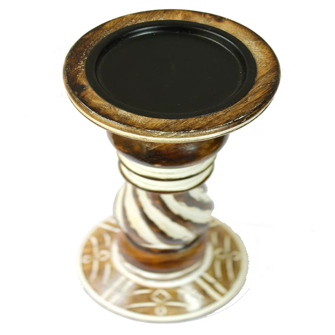 Turned Wooden Candle Holder | Stripe & Diamond Inlay | Handcrafted India | House of Swadeshi