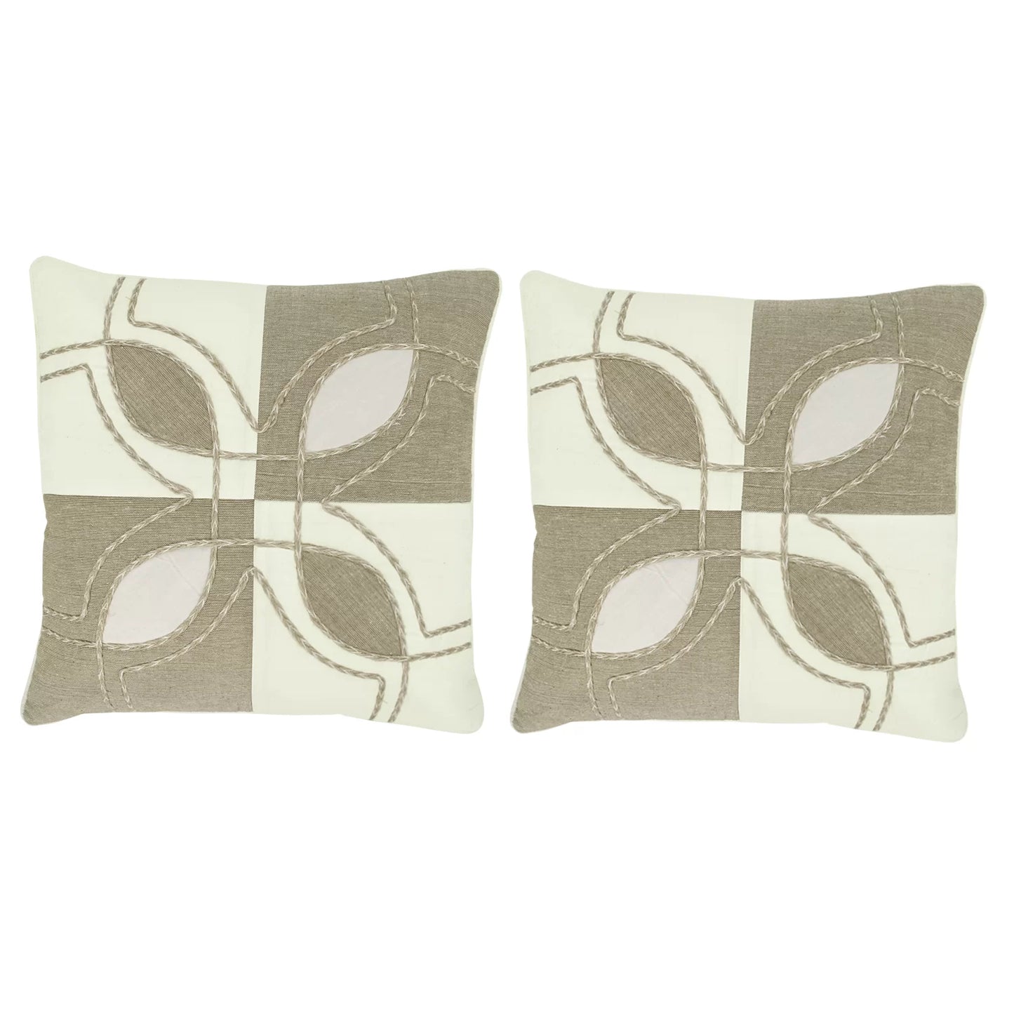 Fair-trade cotton and jute cushion cover set of 2 in natural ecru white. Zipper closure. 16x16 inches. Sustainable and handmade. Inserts not included.