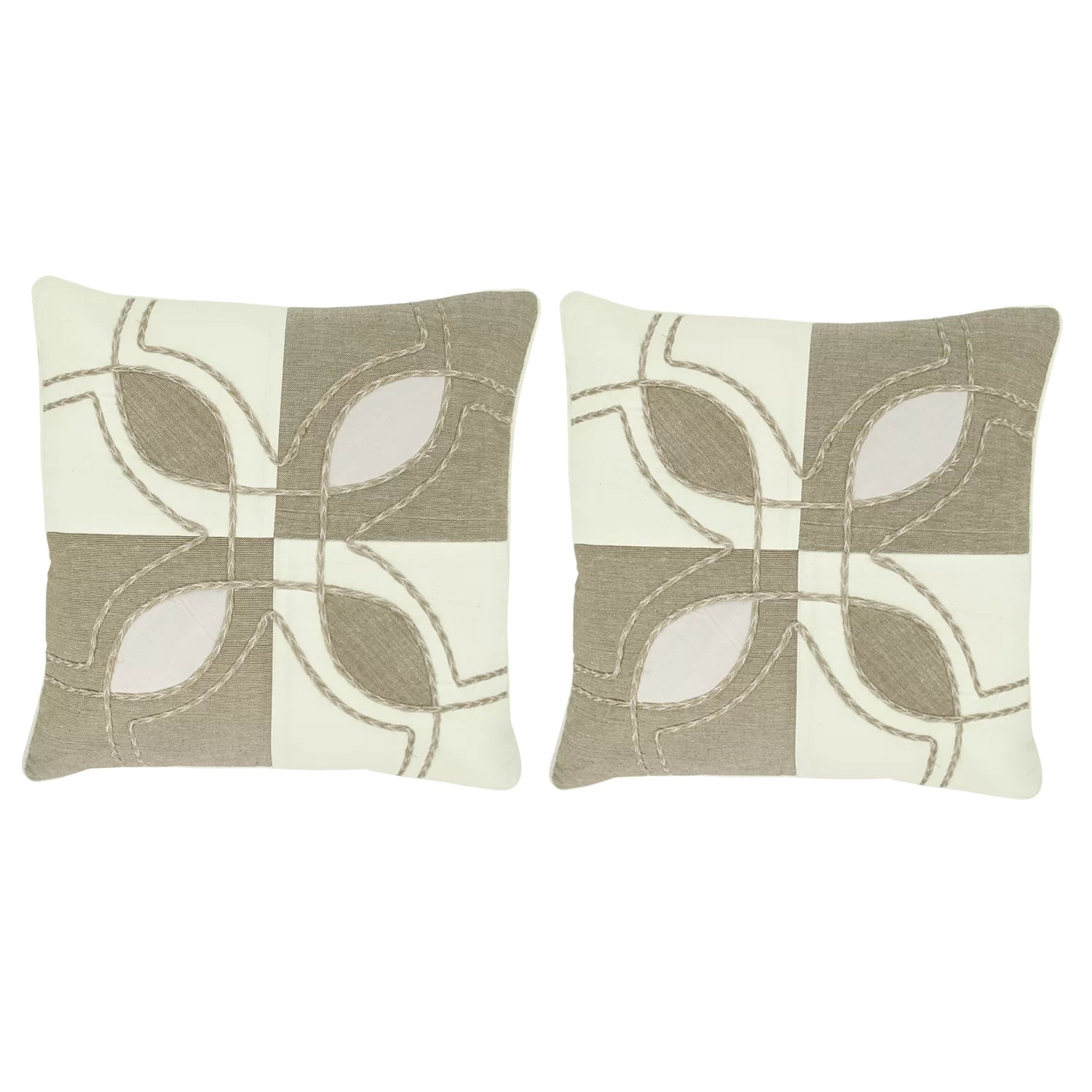 Fair-trade cotton and jute cushion cover set of 2 in natural ecru white. Zipper closure. 16x16 inches. Sustainable and handmade. Inserts not included.