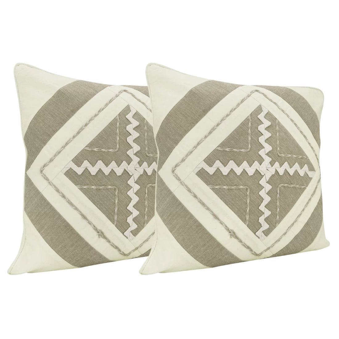 Ethical jute and cotton cushion cover set of 2 in natural ecru white. Zipper closure. 16x16 inches. Sustainable and handmade. Cushion inserts not included.