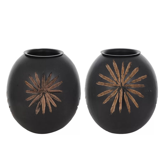 Black wooden tea light holder set of 2 carved starburst boho rustic handcrafted India