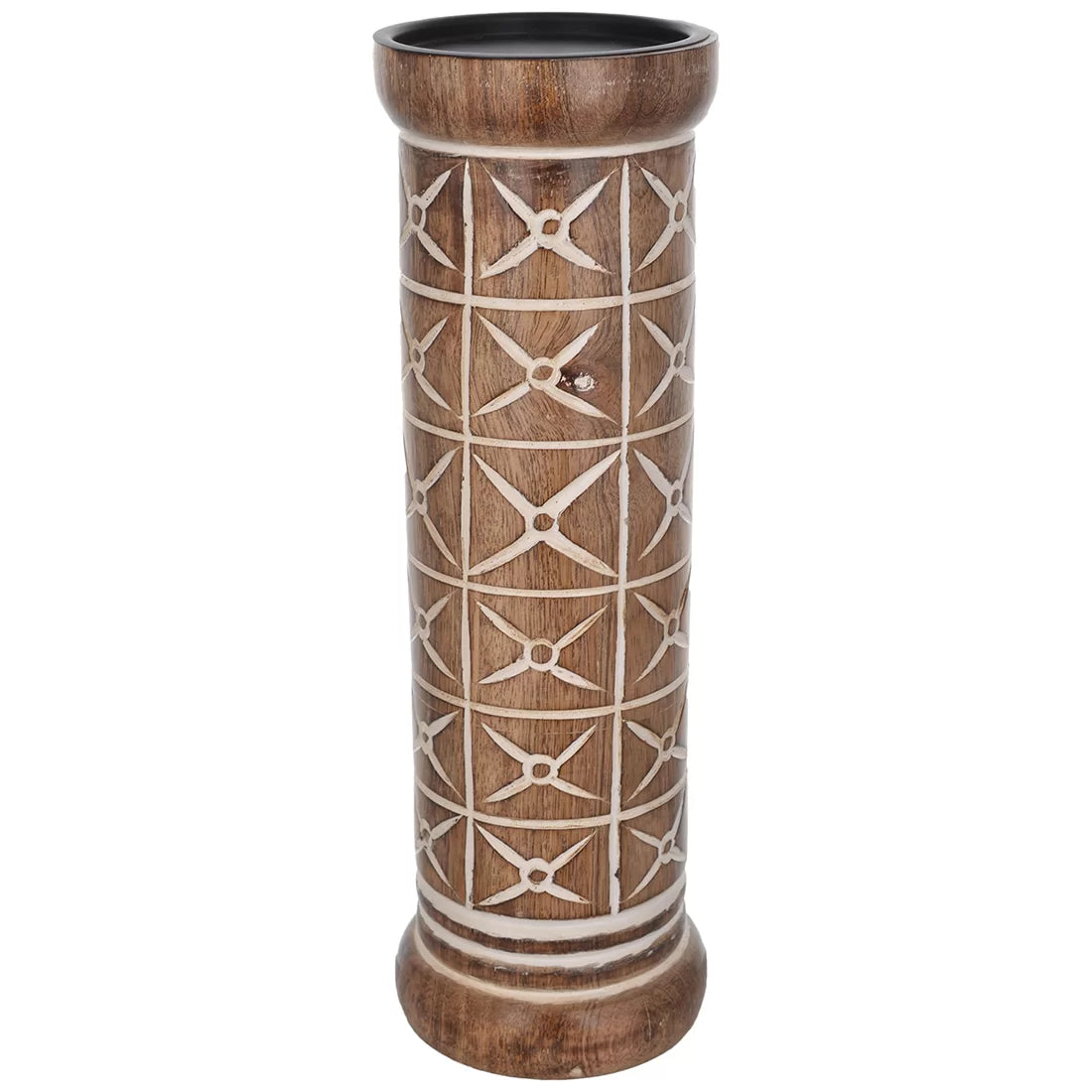 Wooden candle holder diamond star geometric white inlay natural wood handcrafted India