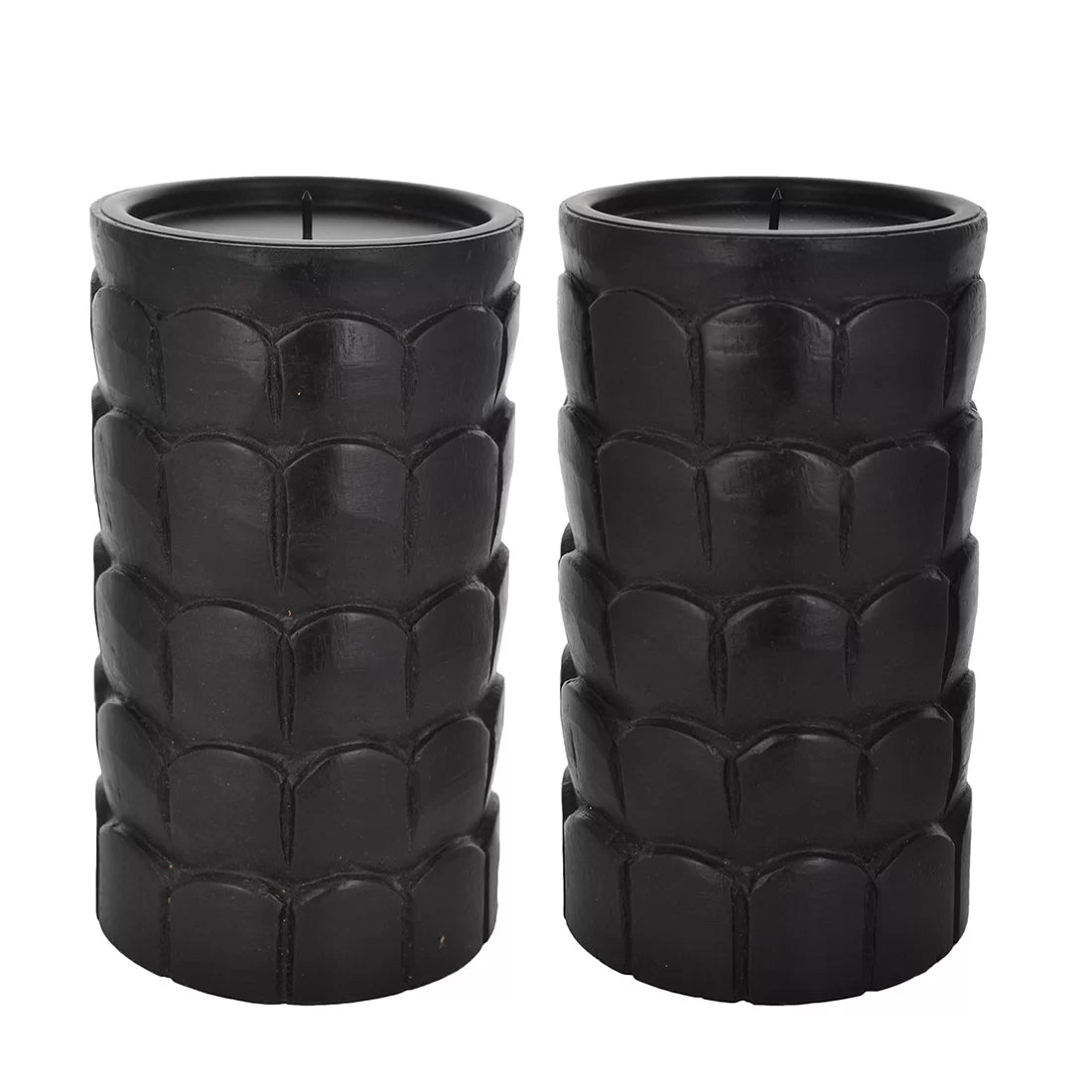 Black wooden candle stand set of 2 carved scallop petal relief boho rustic handcrafted India