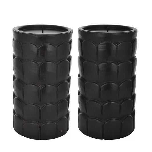 Black wooden candle stand set of 2 carved scallop petal relief boho rustic handcrafted India